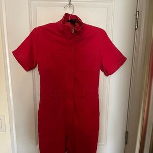 Red Short Sleeve Denim Jumpsuit Boiler Suit